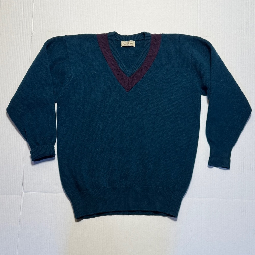PAUL STUART Vintage Men's Teal Purple V-Neck 100%‎ Pure Lambs Wool Sweater M/L